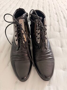 Black Lace-Up European Ankle Booties with gunmetal Accents